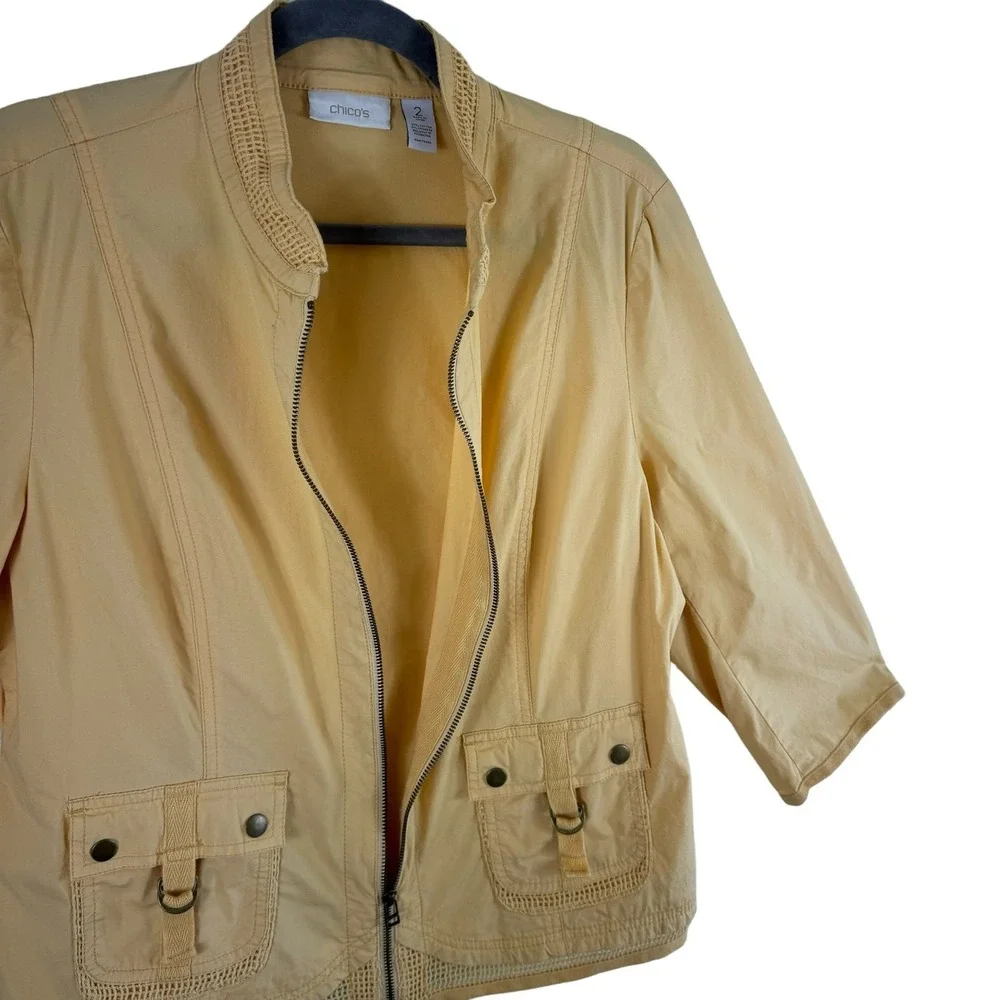 Chico's Pastel Yellow Full Zip Lightweight Mock Neck 3/4 Sleeve Cotton‎ Jacket L